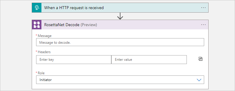 Screenshot of the RosettaNet Decode action where boxes are available for the message, the headers, and the role.