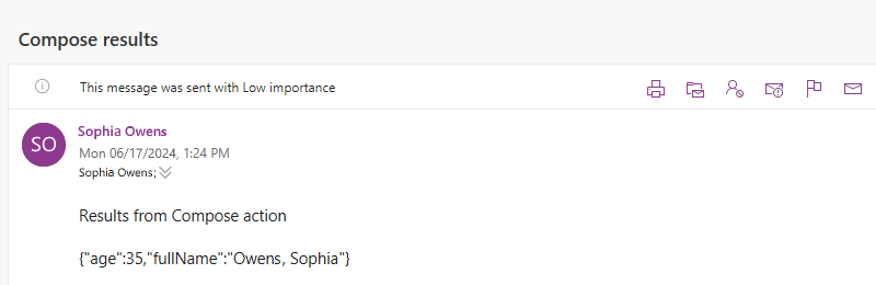 Screenshot shows email with results from the Compose action.