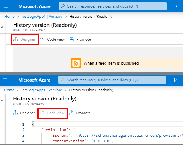 Screenshot shows history version page with designer view and code view options.