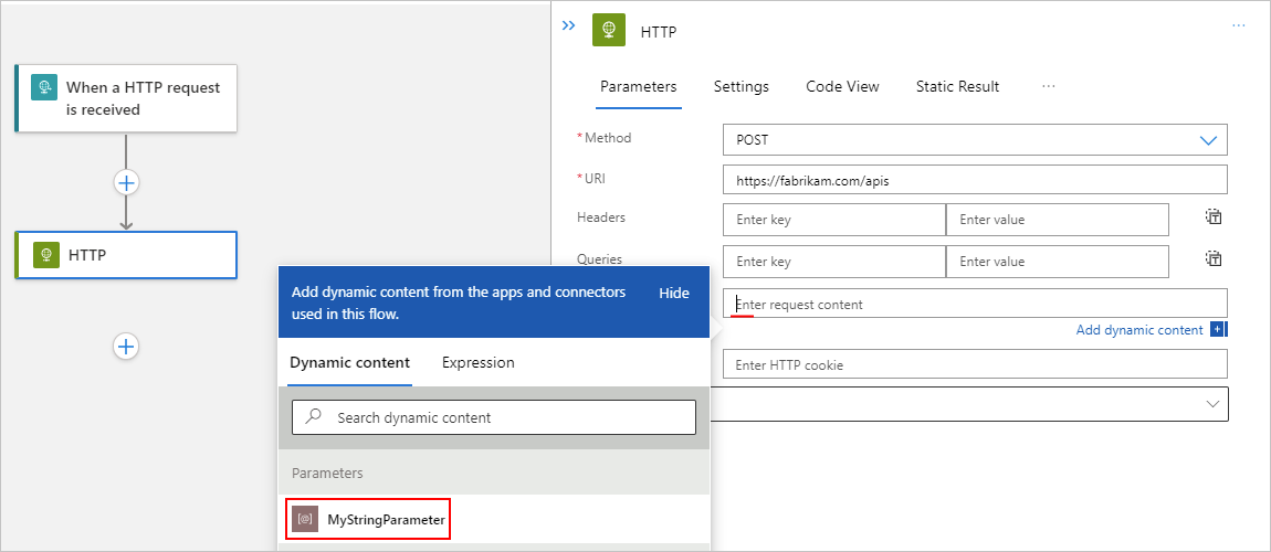 Screenshot showing example action with the cursor in property edit box, expanded dynamic content list, and previously created parameter selected.