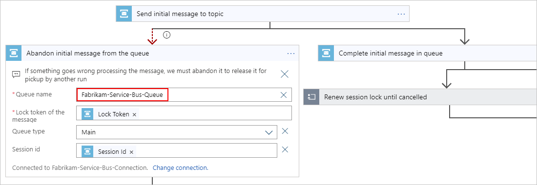 Service Bus action details for "Abandon initial message from the queue"