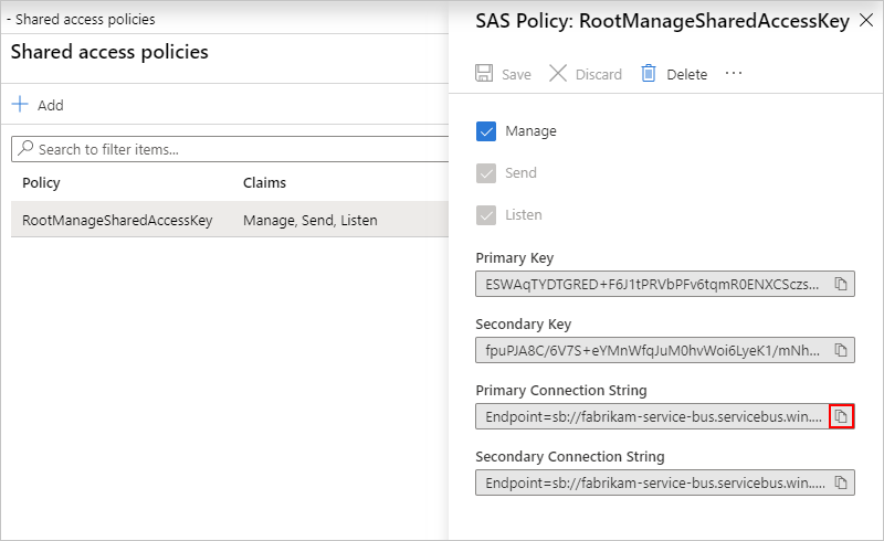 Copy Service Bus namespace connection string