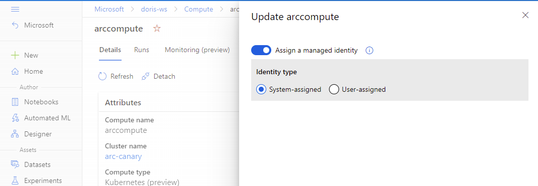 Screenshot of selecting identity of the Kubernetes compute from Azure portal.