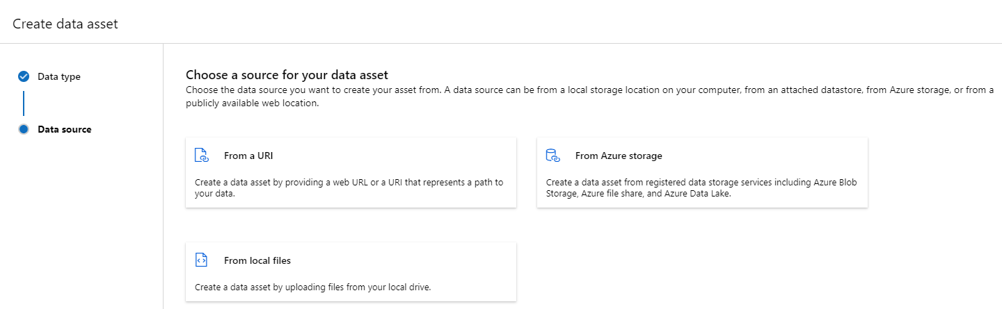 This screenshot shows data asset source choices.