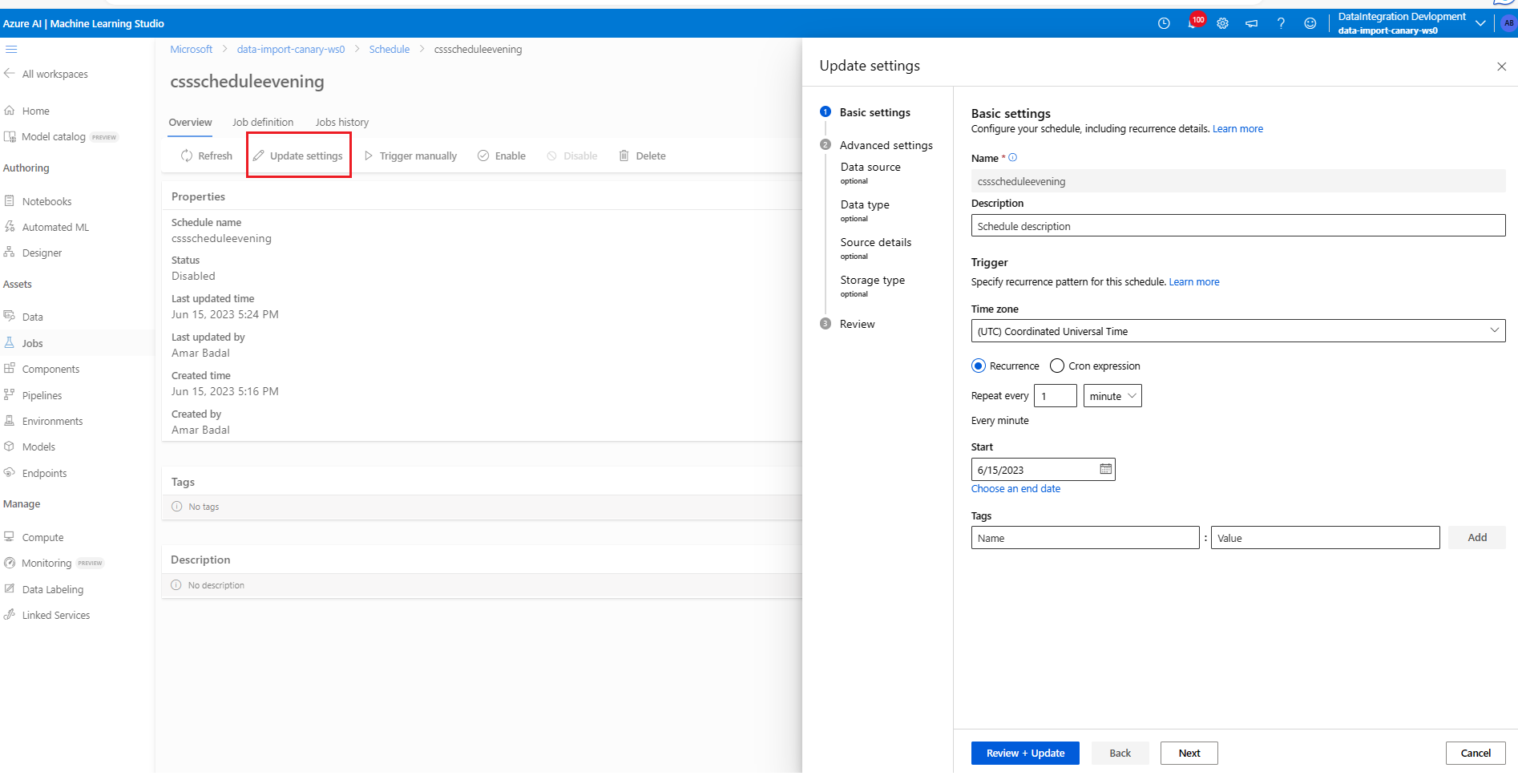 Screenshot of update settings showing the basic settings tab.