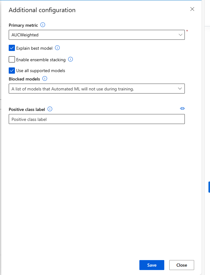 Screenshot showing the Automated ML job configuration page with Explain best model selected.