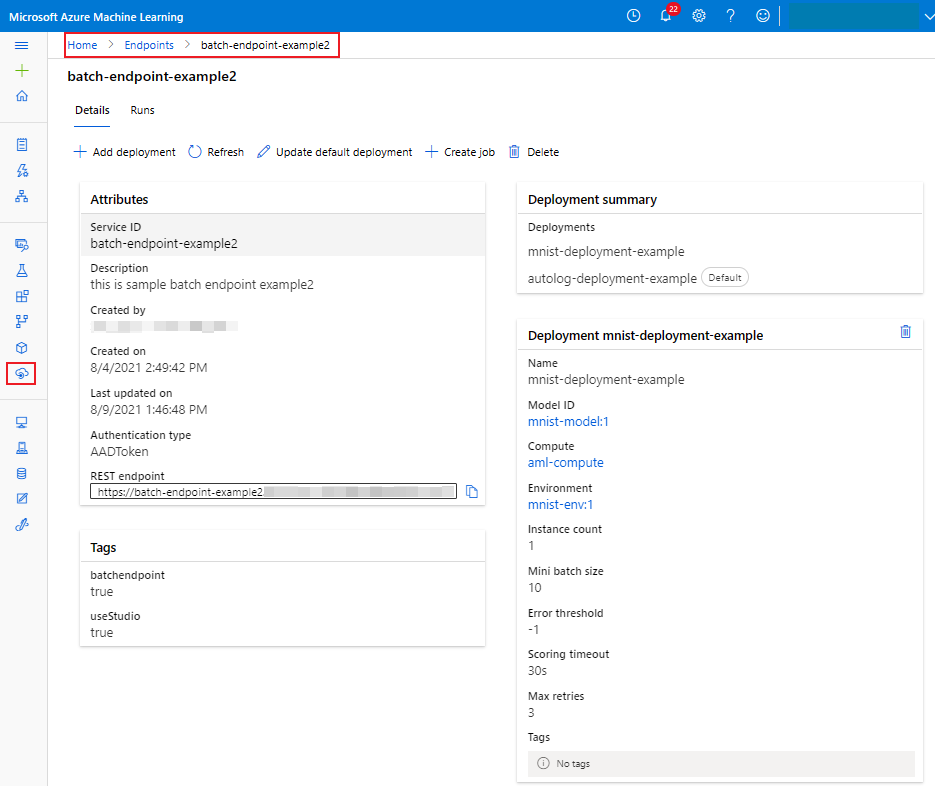 Screenshot of the check batch endpoints and deployment details.