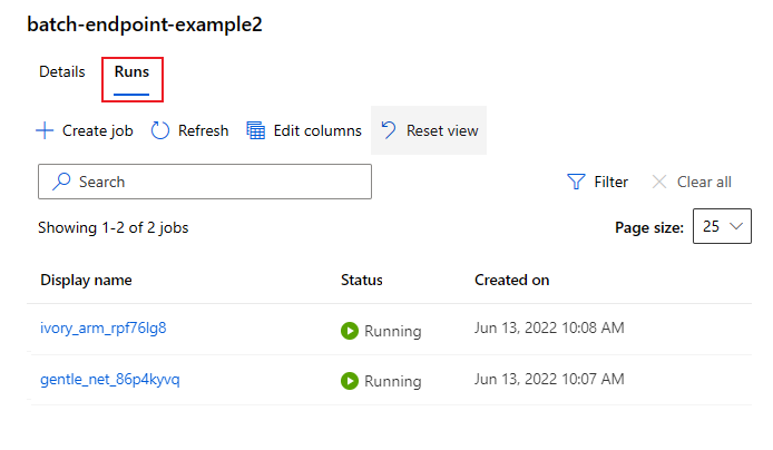 Screenshot of summary of jobs submitted to a batch endpoint.