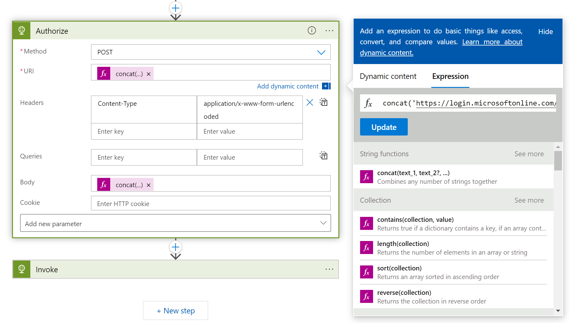 Screenshot shows sample Authorize action in the logic app workflow.