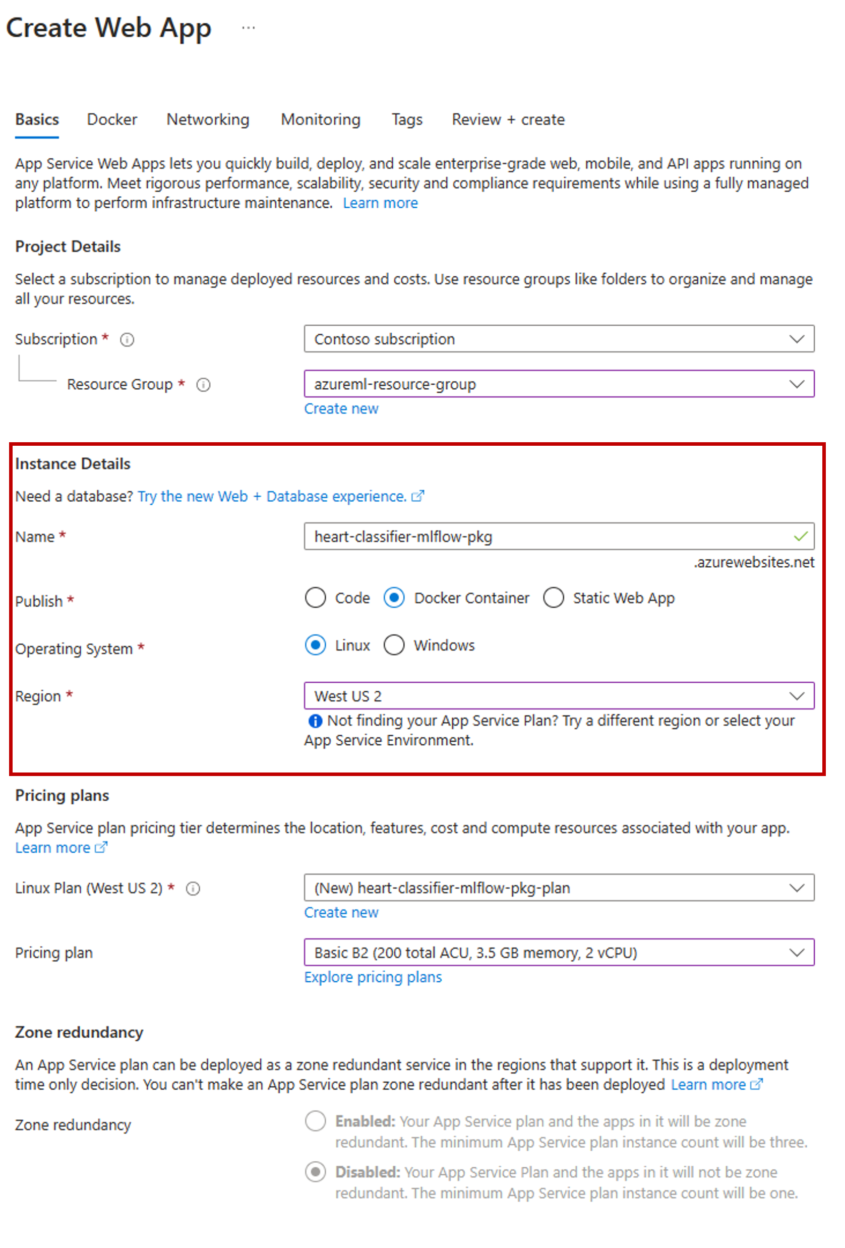 A screenshot showing how to configure the app service to deploy the generated docker container image.