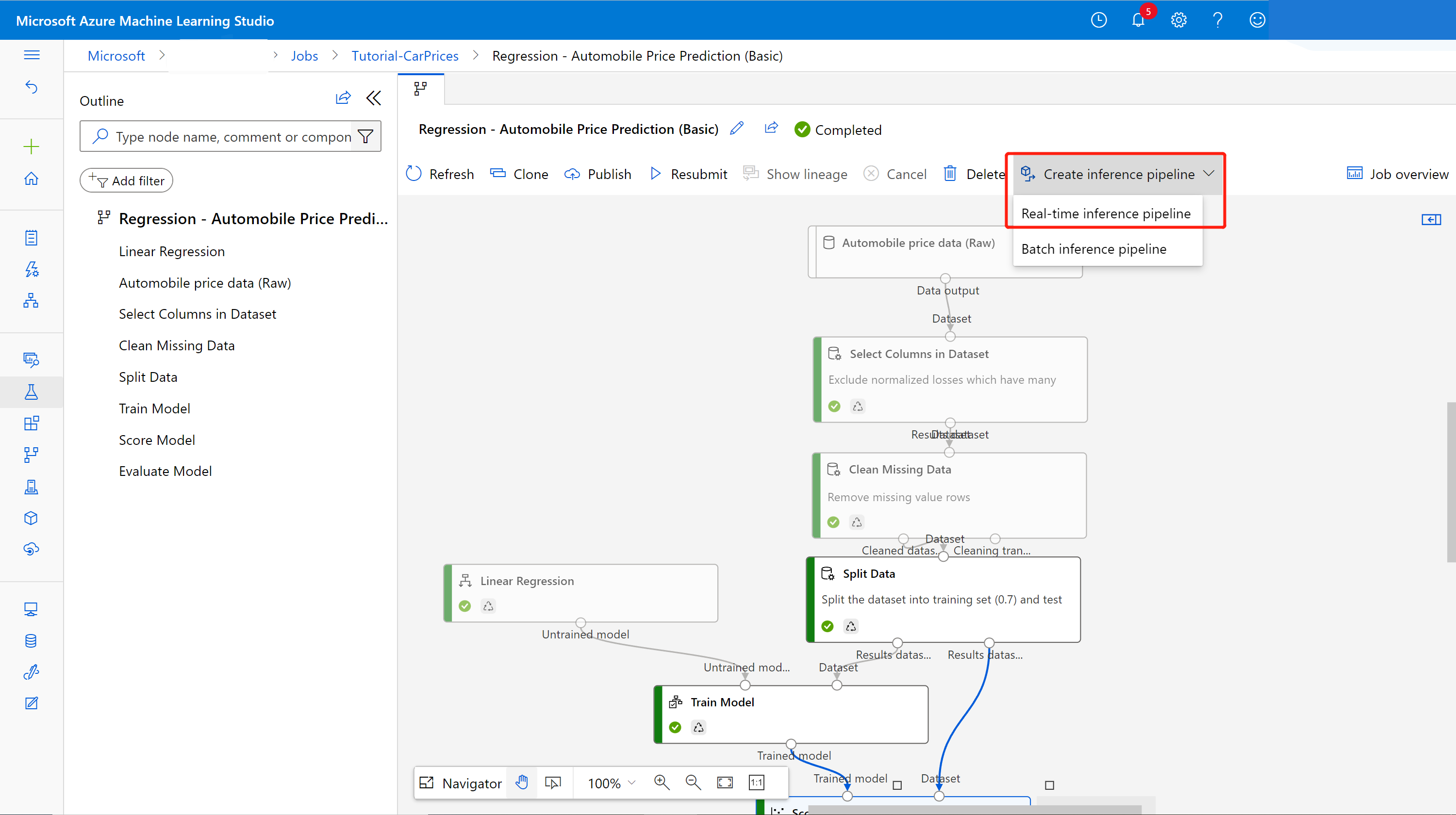 Screenshot of create inference pipeline in pipeline job detail page.