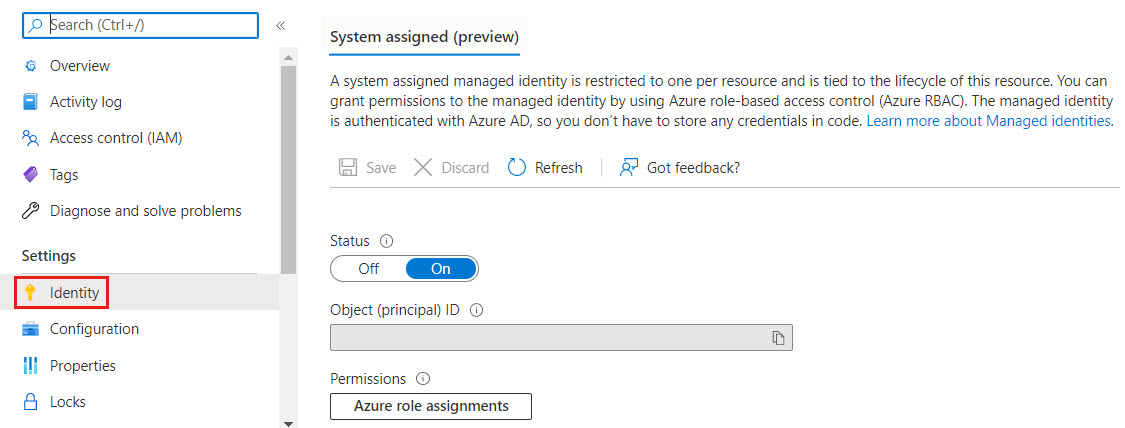 Screenshot of the Azure portal. Updating the system-assigned managed identity. Basics.