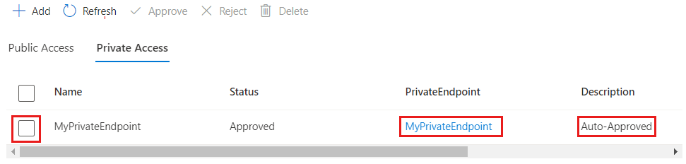 Screenshot of the Azure portal, manage private endpoint.