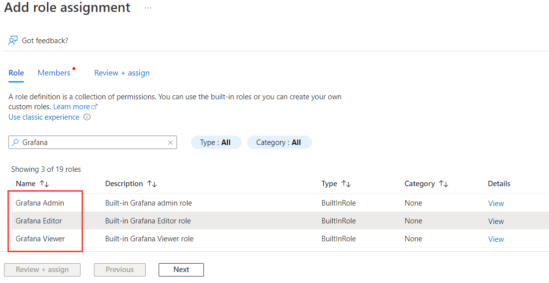 Screenshot of the Grafana roles in the Azure platform.