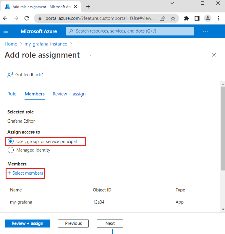 Screenshot of Add role assignment in the Azure platform.