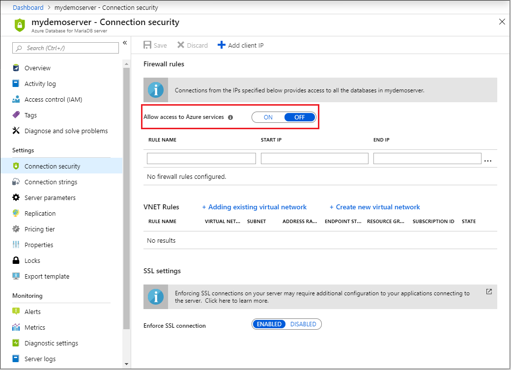 Configure Allow access to Azure services in the portal