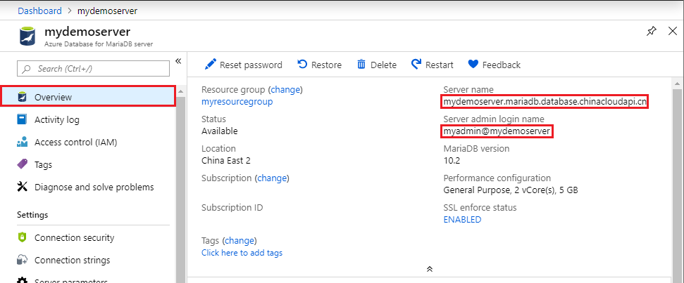 Azure Database for MariaDB server name and server admin login name