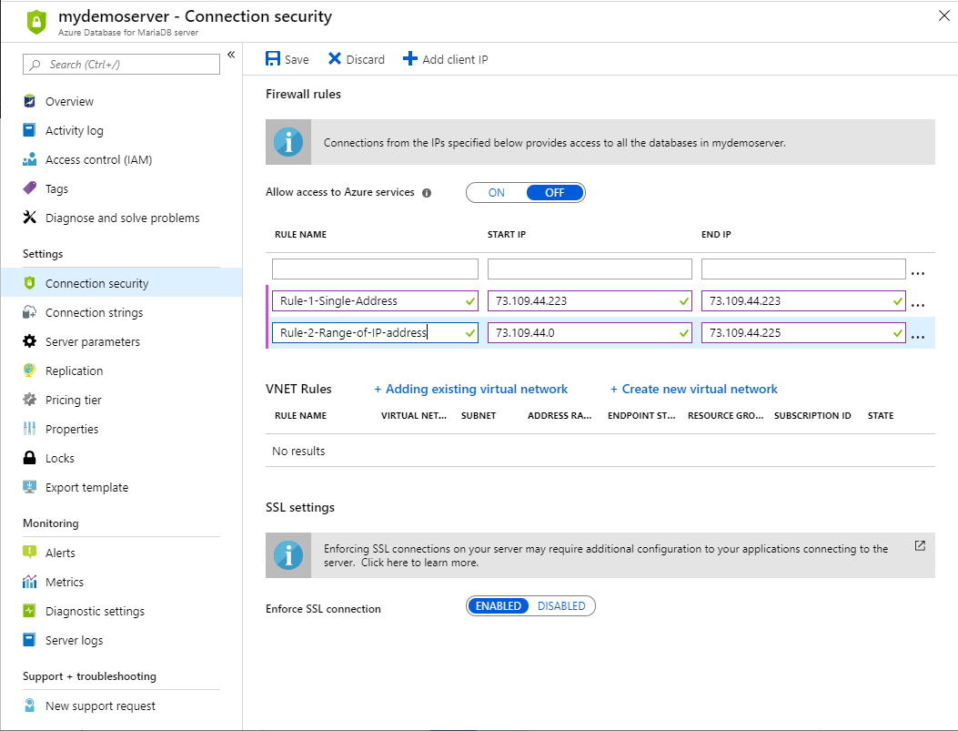 Azure portal - firewall rules