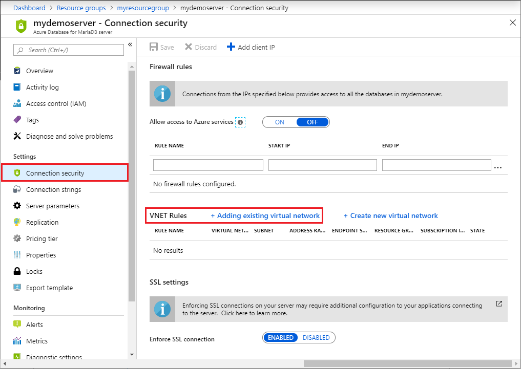 Azure portal - click Connection security