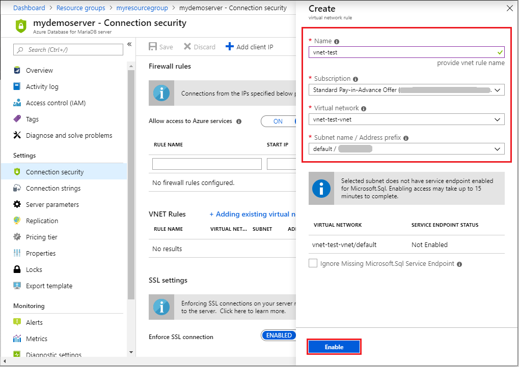 Azure portal - configure VNet