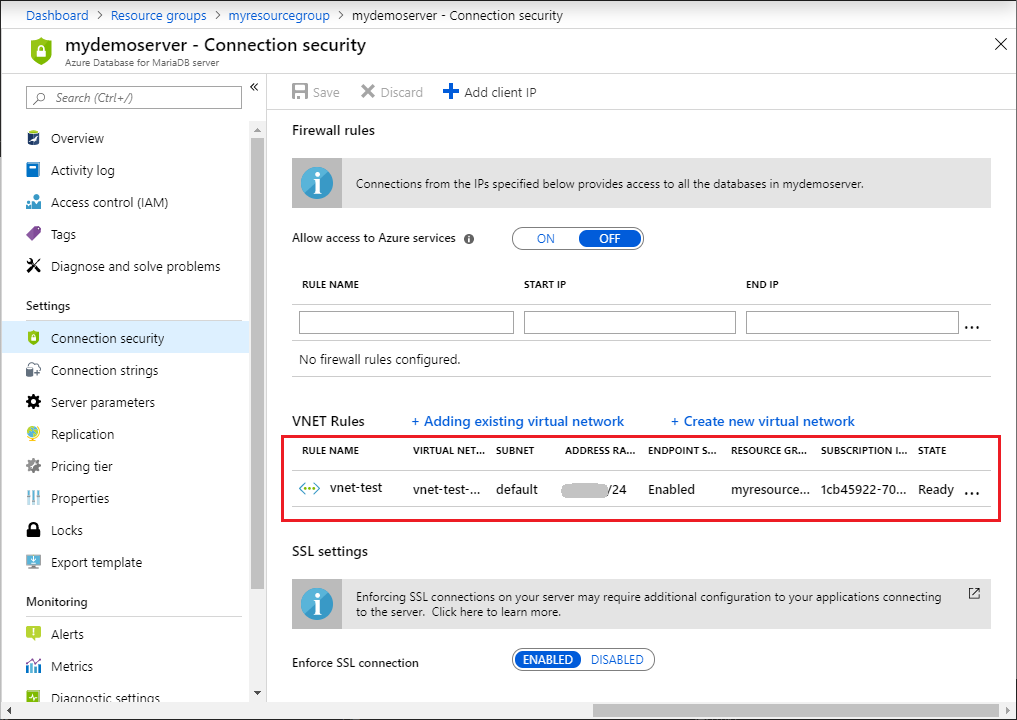 VNet service endpoints enabled and VNet rule created