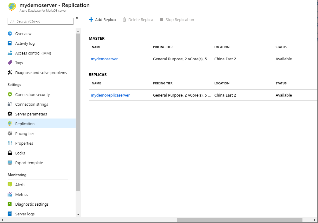 Azure Database for MariaDB - List replicas