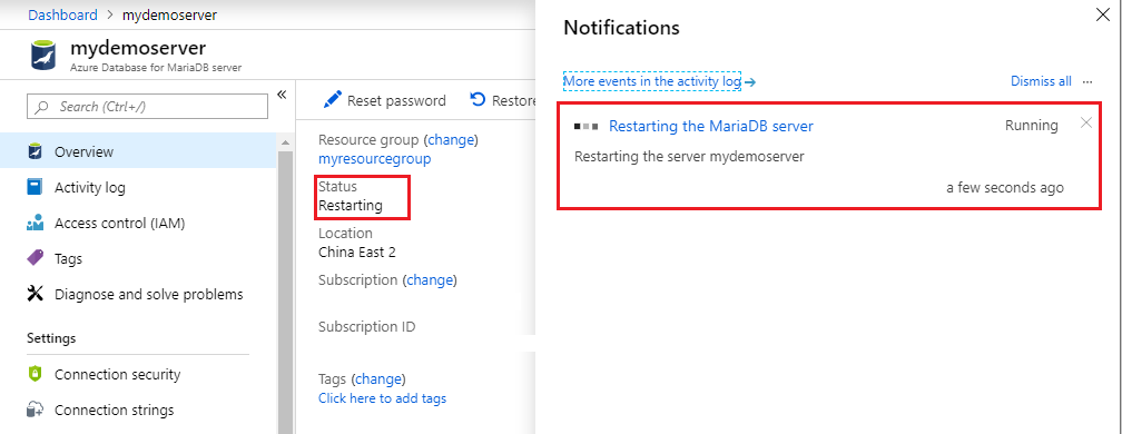 Azure Database for MariaDB - Restart status