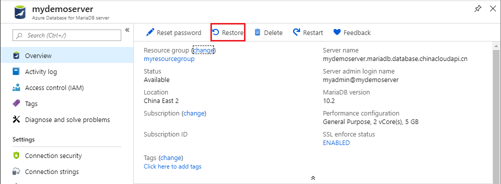 Azure Database for MariaDB - Overview - Restore button