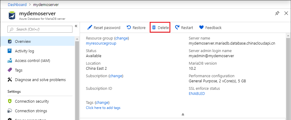 Azure Database for MariaDB - Delete server