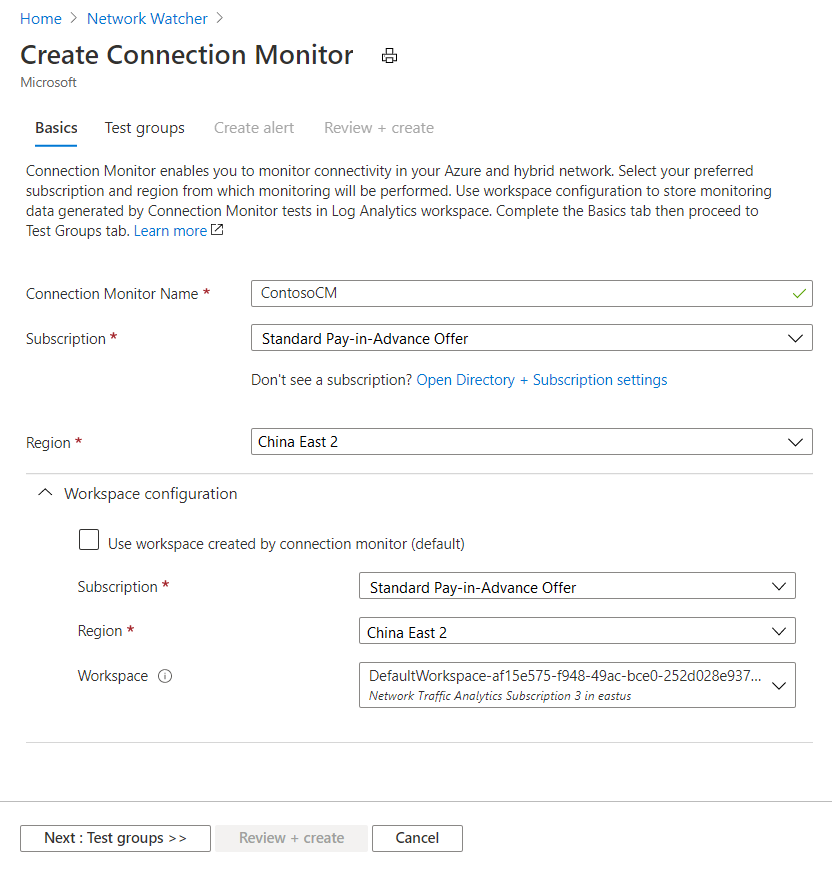 Screenshot that shows the 'Basics' pane in Connection Monitor.