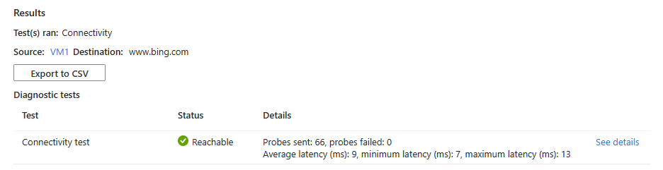 Screenshot that shows connection troubleshoot results after testing the connection with Azure Bing website.