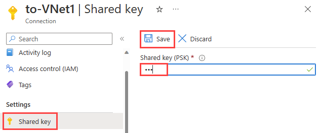 Screenshot shows correcting and saving the shared key for of VPN connection in the Azure portal.