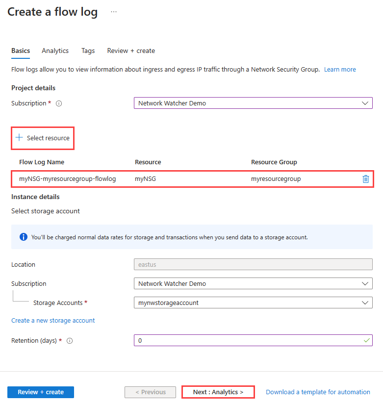 Screenshot of creating an NSG flow log in the Azure portal.