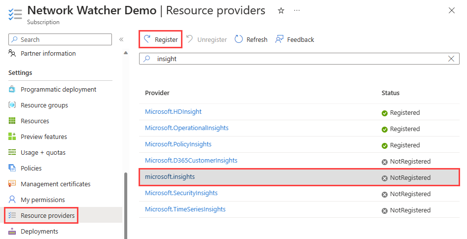 Screenshot of registering Azure Insights provider in the Azure portal.