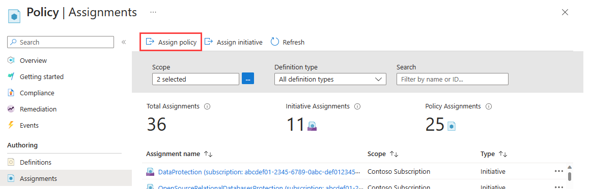 Screenshot of selecting Assign policy button in the Azure portal.