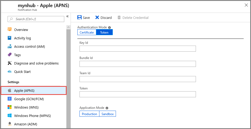 Screenshot of an APNS token configuration in the Azure portal