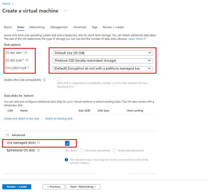 Screenshot image of the Data disks page in the Create a virtual machine flow.