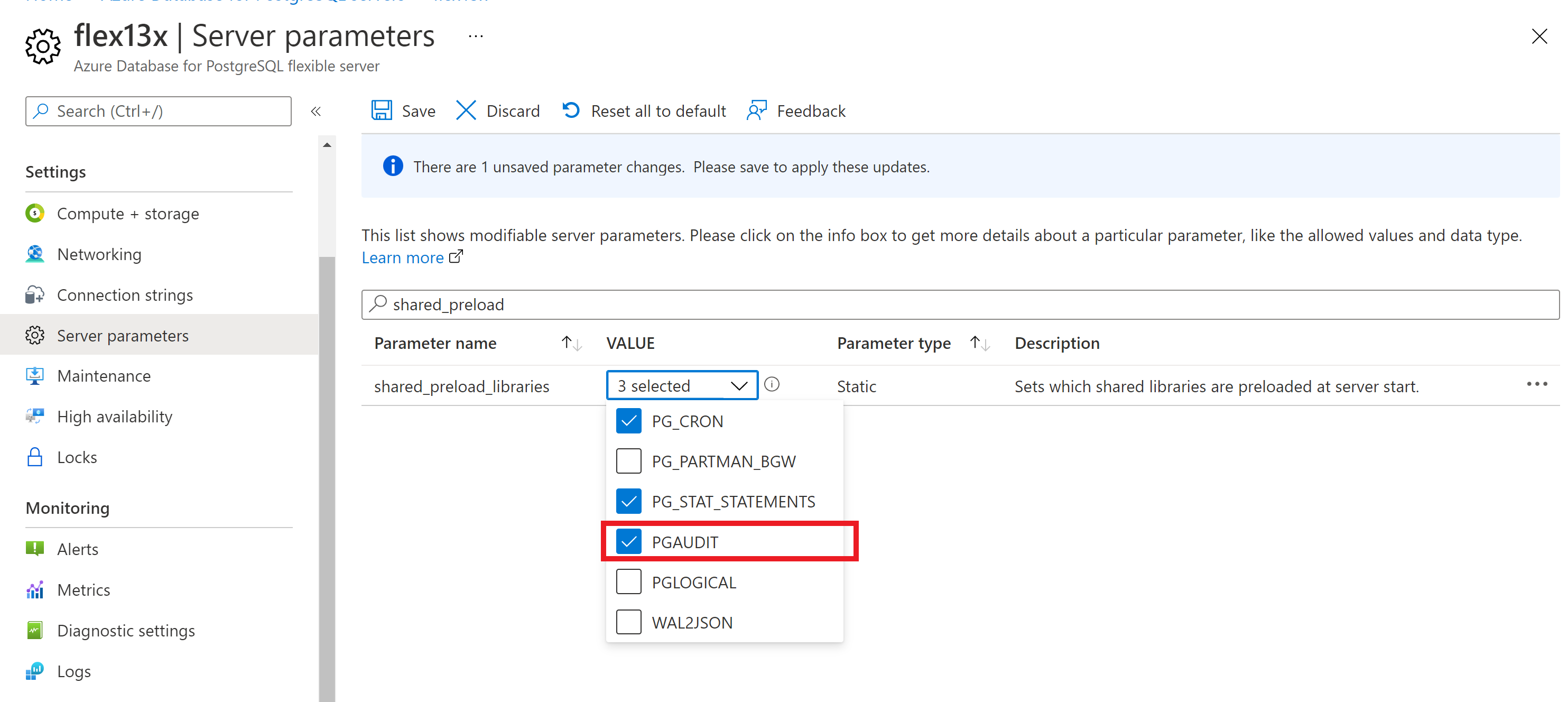 Screenshot showing Azure Database for PostgreSQL flexible server enabling shared_preload_libraries for pgaudit.