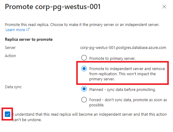 Screenshot of promoting the replica to independent server.