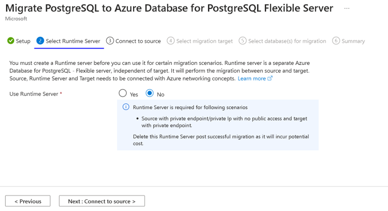 Screenshot of the Migration Runtime Server page.