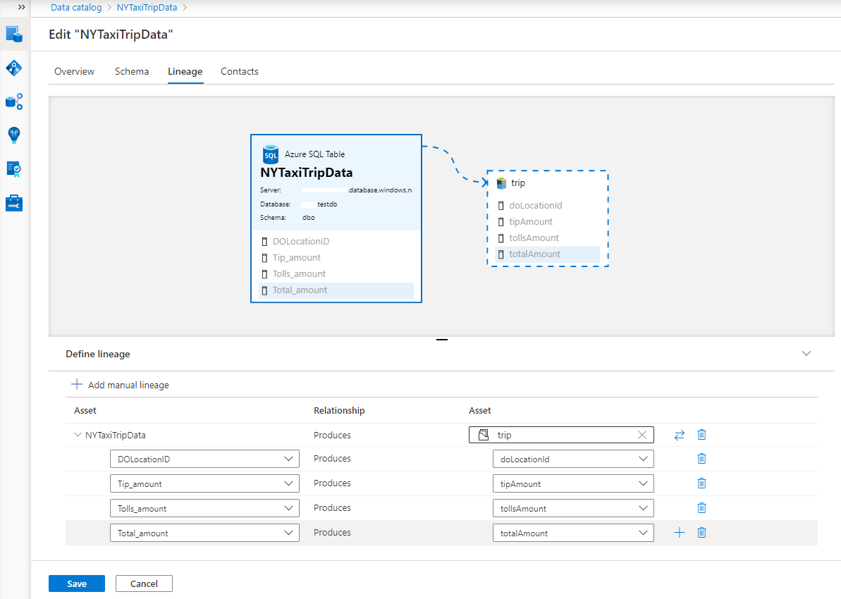 Screenshot of configuring column level lineage.