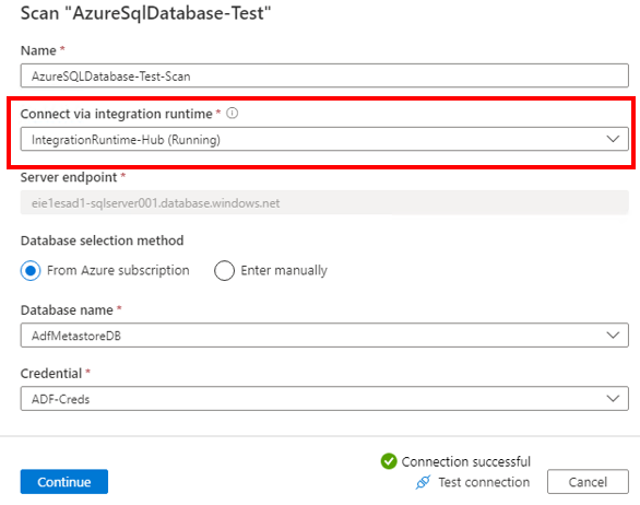 Screenshot that shows running an Azure scan by using self-hosted IR.