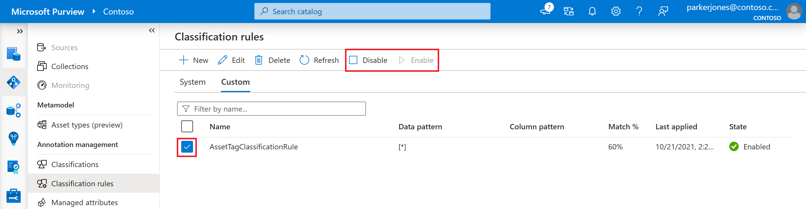 Screenshot of the custom classification rule page, showing a classification rule selected and the enable and disable buttons highlighted.