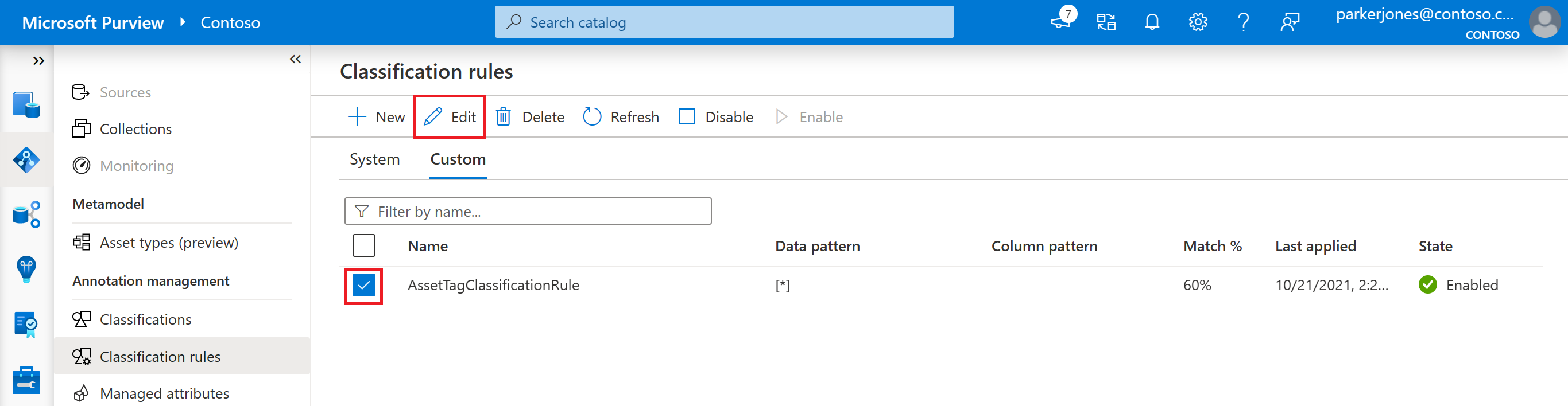 Screenshot of the custom classification rule page, showing a classification rule selected and the edit button highlighted.