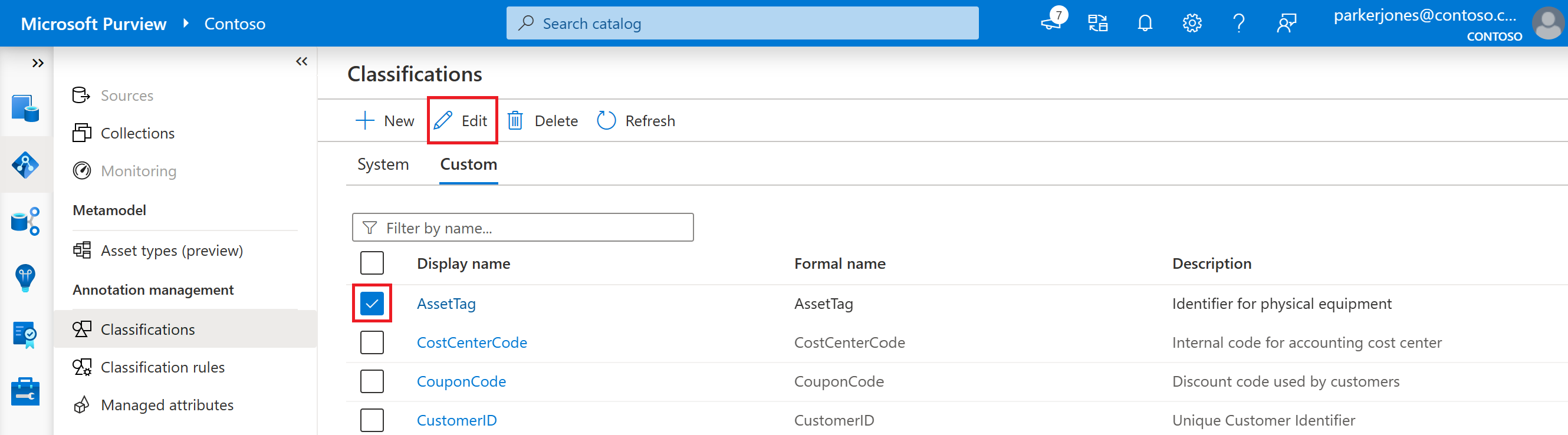 Screenshot of the custom classification page, showing a classification selected and the edit button highlighted.