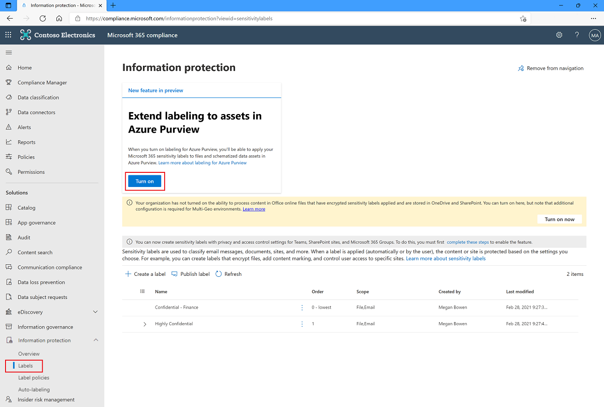 Select the 'Turn on' button to extend sensitivity labels to Microsoft Purview