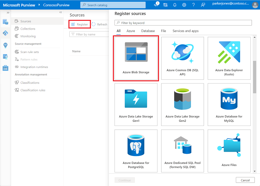 Screenshot showing selecting a data source type in the Register sources page.