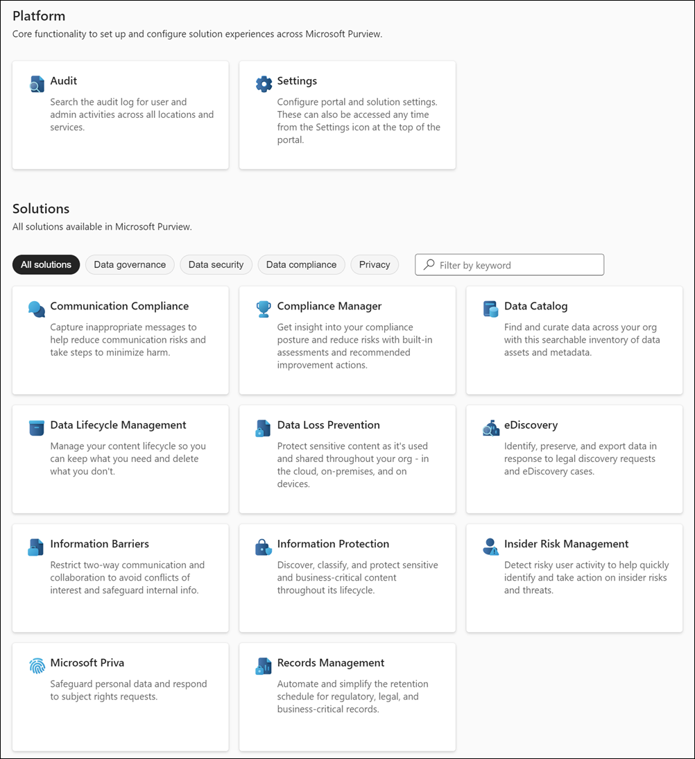 Microsoft Purview portal solutions page.