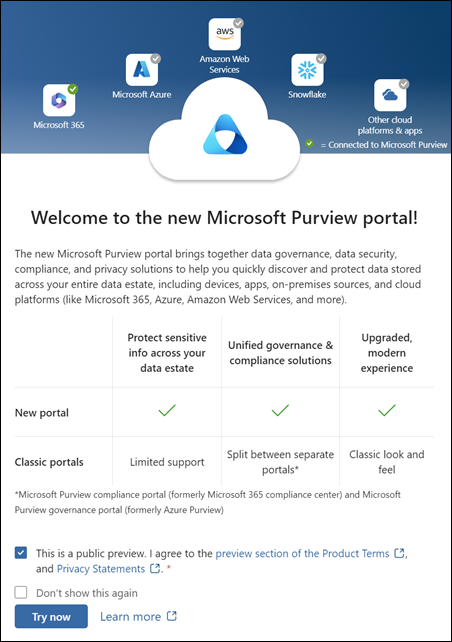 Microsoft Purview portal welcome.