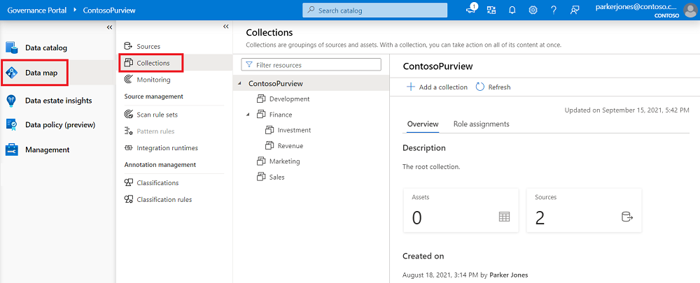 Screenshot of the Microsoft Purview governance portal opened to the Data Map, with the Collections tab selected.